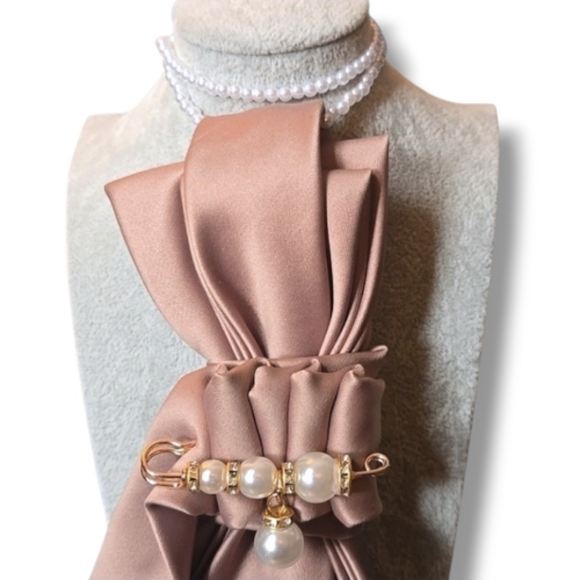 Elegant One Of A Kind Tan Satin Folded Necktie Cravat with Pearl Accents - Picture 3 of 6